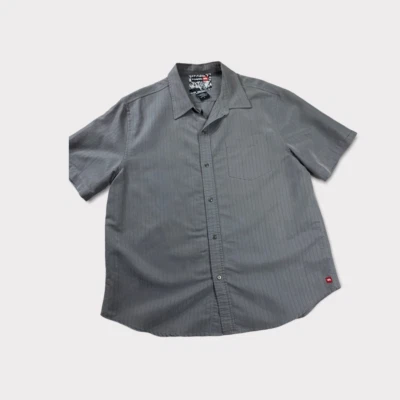 Hawk Mens Button Front Shirt Gray Striped Short Sleeve Pocket L - Image 1 of 4