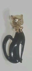 Vintage Retro Black Enamel Cat In Goldtone Rhinestone Accented Pin Brooch - Picture 1 of 8