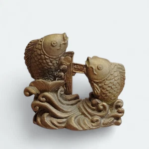 FENG SHUI Bronze Color DOUBLE CARPS FISH 1" Mini Figure Fortune Miniature Decor - Picture 1 of 6