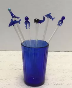 6 Swizzle Sticks Blown Glass Sea Life Cobalt Beach Nautical Fish Octopus Whale + - Bild 1 von 14