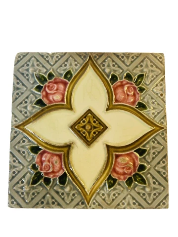Antique Gristal Art Pottery Tile H & R Johnson  6" SQ Majolica England Rose #662 Cover