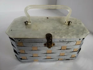 Vintage 40s Metal Mirror Box Purse Silver Basket Weave Black Lining with Handle - Picture 1 of 10