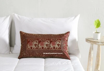 Handmade Violet Brocade Silk Cushion Cover Indian Elephant Pillow Case 12"x20" - Image 1 of 4