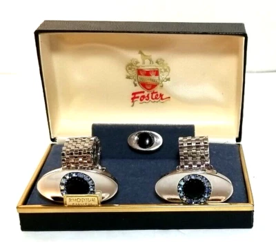 Impresionante clip para corbata gemelos vintage Foster para hombre caja original pedrería azul Foto 1 de 3