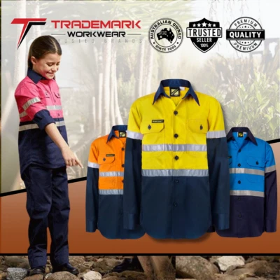 Workcraft Kids Hi-vis Cotton Taped Work Shirt (WSK125/9) SIze 0-12 RRP$32.95 - image 1 of 2