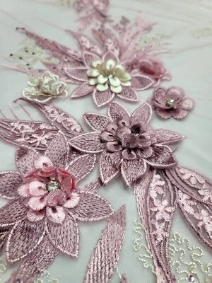 DUSTY ROSE 3D Mauve Flowers Rhinestones Embroidery Lace Fabric Sold By The Yard  - Image 1 of 4
