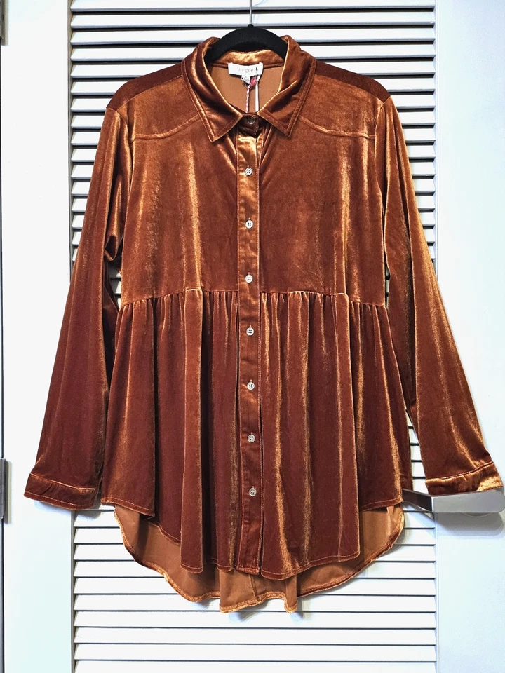 Camisa Top 2XL Terciopelo Naranja Quemado Botones Foto 1 de 3