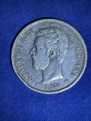 Spain Coin 5 Pesetas 1871 Amadeo I, Silver .900, 37mm, 25gr. KM#666 - Image 1 of 2