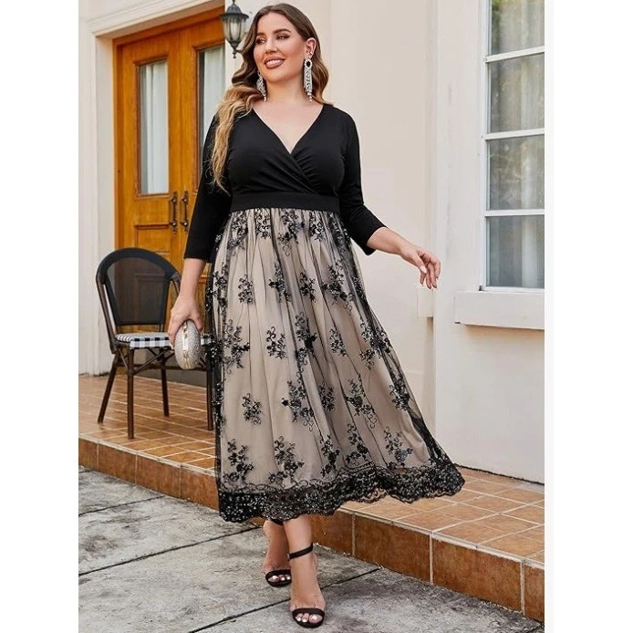 Plus Size Black Sequin Lace Party Dress Cocktail Formal 20W - Image 1 of 4