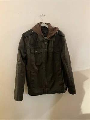 Black Rivet Waxed Canvas Jacket G-III Hoodie Lined Men's L Full Zip Moto Style - Image 1 of 4