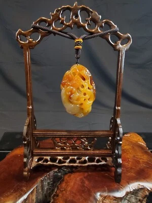 Vintage Chinese Carved Agate Pendant on Wooden Stand of Dragon on Branch - Image 1 of 4