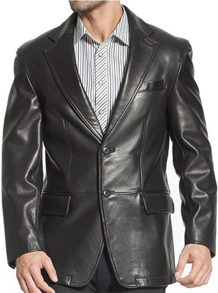 Mens Black Two Button Blazer Pea Coat Classic Lamb Real Soft Leather Jacket Coat Foto 1 de 4