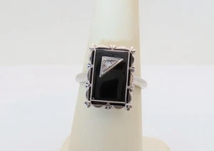 White Gold Ring Black Onyx Natural Diamond Rings Antique 10K Solid Size 6 R1036 - Picture 1 of 10