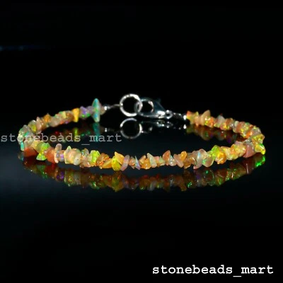 925 Sterling Silver Ethiopian Fire Opal Point Nugget Chips 4-5mm Bracelet 7" - Image 1 of 4