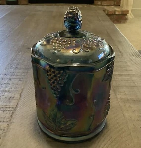 Vintage Indiana Blue Carnival Glass Iridescent Canister Jar Harvest Grape ￼w Lid - Picture 1 of 8