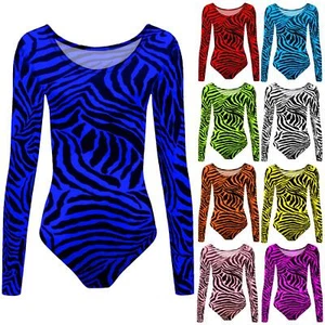 Girls Dance Leotard Zebra Print Long Sleeve Microfibre Gymnastics Kids Bodysuit - Picture 1 of 37