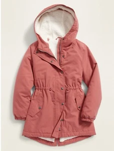 Old Navy Pink Water Resistant Hooded Sherpa Lined Girls Parka Jacket Size M 8 - Picture 1 of 7