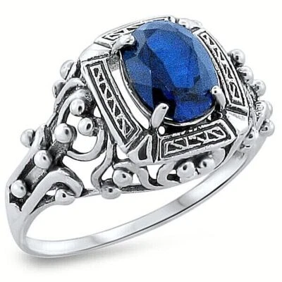 ANTIQUE STYLE 925 STERLING SILVER LAB-CREATED SAPPHIRE FILIGREE RING        253Z - Image 1 of 3