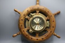 Vintage Quartz Ship's Time Wooden Ship Wheel & Brass Clock Z1