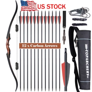 Archery 60" Takedown Recurve Bow Hunting Wooden Riser Carbon Arrow Shooting - Picture 1 of 37