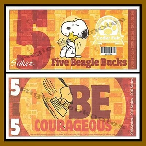 Cedar Fair 5 Beagle Bucks, 2016 "Peanuts Snoopy" Like Disney Dollar - Picture 1 of 1