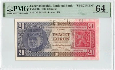 CZECHOSLOVAKIA 20 Korun 1926, P-21s SPECIMEN, PMG 64 Choice UNC, Original. - Image 1 of 2