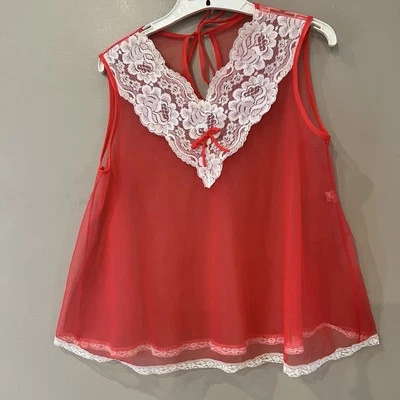 3 piezas lencería vintage cami bata sin mangas pequeña roja negra encaje transparente forma de doncella bolsa Foto 1 de 4