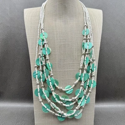 Collar Multistrand Chico's Cuentas Semilla Disco Plateado Concha Boho Capas 26 Pulgadas Foto 1 de 4