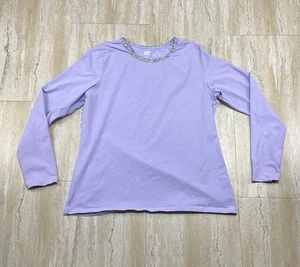 Lands End Womens Size XL Long Sleeve Purple Shirt Floral Collar Trim Casual  - Picture 1 of 10