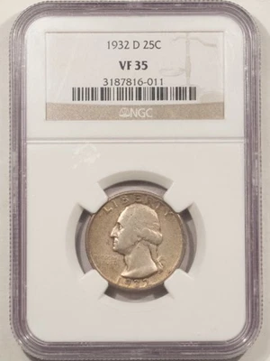 1932-D WASHINGTON QUARTER - NGC VF-35, NICE CIRCULATED KEY-DATE - Image 1 of 3