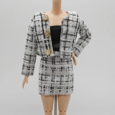Barbie Model Muse Doll Size Black White Tweed Skirt Suit Mid Thigh Length Xian - Image 1 of 4
