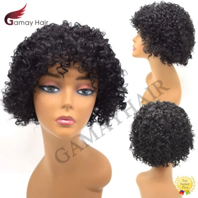 Peluca de mujer afro rizada corta suave cabello humano con flequillo natural brasileña EE. UU. Foto 1 de 4