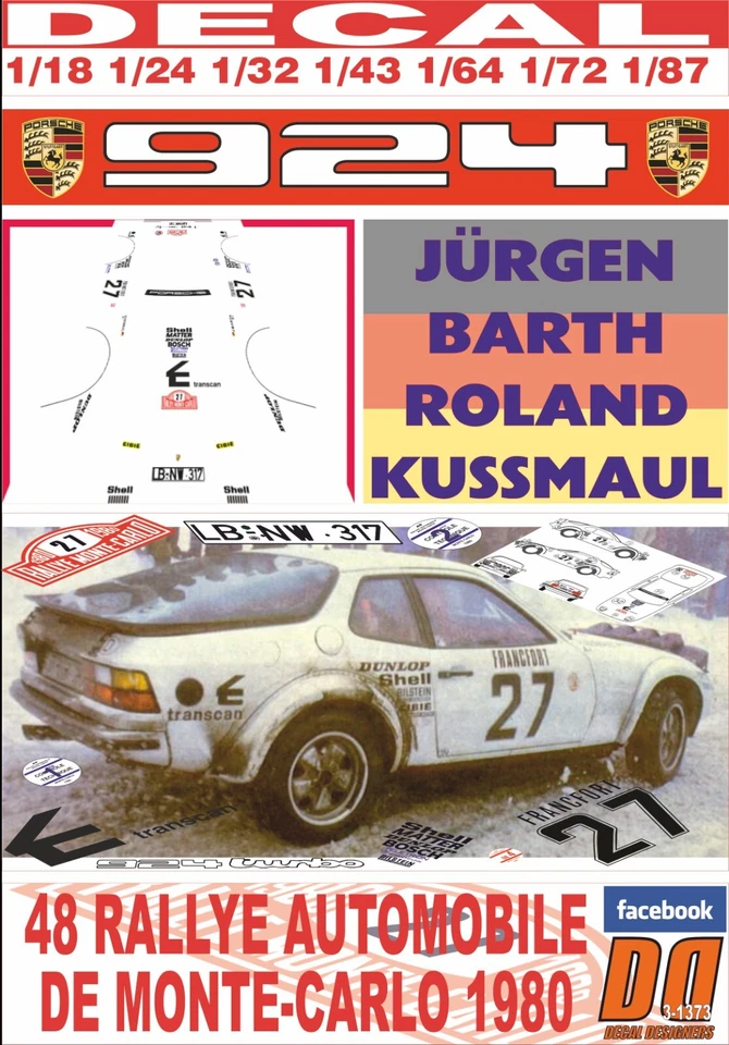 DECAL PORSCHE 924 CARRERA GTS J.BARTH R.MONTECARLO 1980 19th (02) - Photo 1/1