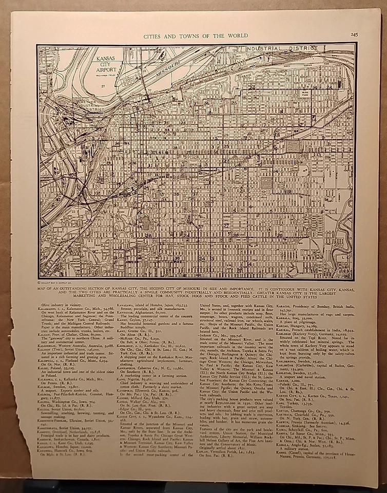Mapa antiguo vintage de Kansas City MO 1940 de Collier's World Atlas & Gazetteer Foto 1 de 4