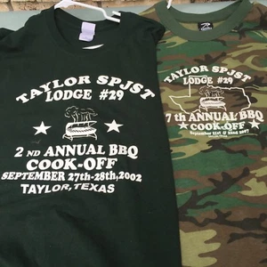 Lote de 2 camisetas BBQ Cook Off Taylor SPJST Lodge #29 camufladas 2º 2002 7º 2007 grandes XL - Imagen 1 de 12
