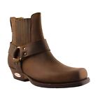 Loblan 096 Brown Leather Chisel Toe Harness Western Ankle Boot Size EU 41 UK 7.5