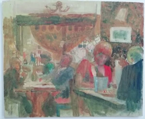 ORIGINAL MODERN BRITISH WATERCOLOUR ON CARD - RESTAURANT INTERIOR - 21CM X 17CM - Picture 1 of 14