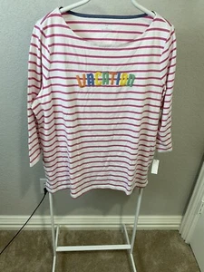 Talbots Size 2X White Pink Vacation Embroidered Striped Knit  3/4 Sleeve TEE NWT - Picture 1 of 9