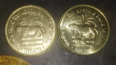 India 2010-B Platinum Jubilee Of Reserve Bank of India, 5 Rupees 2 Unc Coins - Image 1 of 2