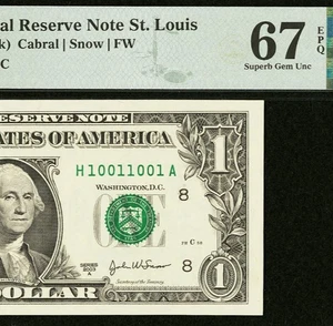 2003A $1 FRN -St Louis PMG 67EPQ - Binary Radar Repeater Serial Number 10011001 - Picture 1 of 4