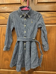 Polo Ralph Lauren Chambray Shirt Dress 4T Girls Belted Twirl Button Down Blue - Picture 1 of 6