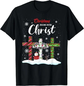 NUEVA Camiseta Navidad Comienza Con Cristo Muñeco de Nieve Cruz Cristiana - HECHA EN EE. UU. - Imagen 1 de 12