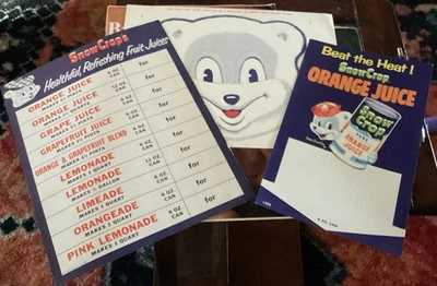 3 Vintage 1950’s Snowcrop Orange Juice, bear mask, Fruit Juice ad cards & list  - Image 1 of 4
