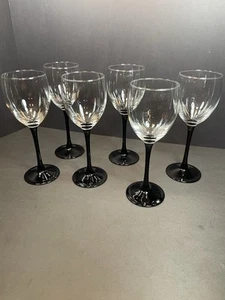 Luminarc France Domino Black Stem White Wine Glasses 7 3/4” Set Of 6 Holds 8 oz - Picture 1 of 12