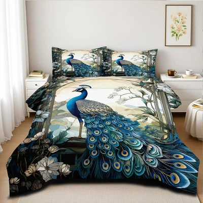 Conjunto de edredom pavão azul queen size pássaro e conjunto de cama floral pena animal - Imagem 1 de 4