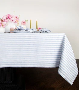Leinen Tischdecke 60 x 90 Zoll - Amalfi Streifen 100% Reines Leinen Himmelblau und Weiß... - Bild 1 von 8
