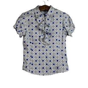 Laundry By Shelli Seagal White Blue Abstract Ruffle Blouse Silk Size 10 Preppy - Picture 1 of 13