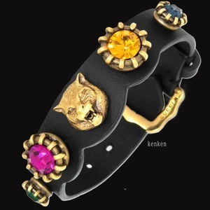 GUCCI Brazalete AUTÉNTICO Cabeza de Tigre Cristal Cuero kenkenjp Piedra Negra GG - Imagen 1 de 22