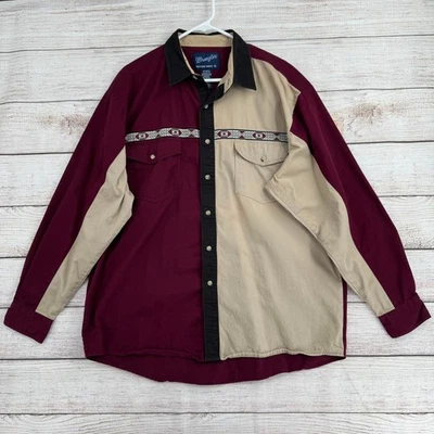 Vintage Wrangler Aztec Western Colorblock Pearl Snap Shirt Mens XL Beige Maroon - Image 1 of 4