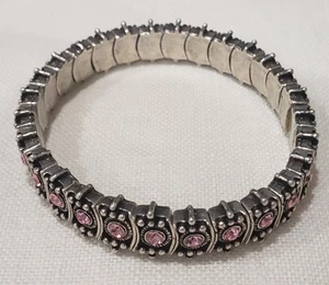 Womens Silvertone Stretch Band Bracelet with Pink Rinestones 6-7" - Picture 1 of 7